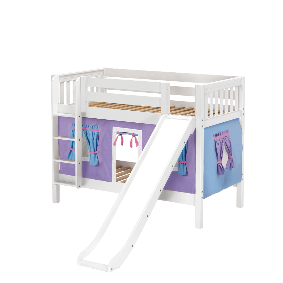 Maxtrix Twin Low Bunk Bed with Straight Ladder, Curtain + Slide