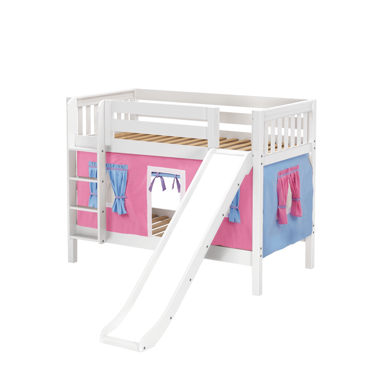 Maxtrix Twin Low Bunk Bed with Straight Ladder, Curtain + Slide