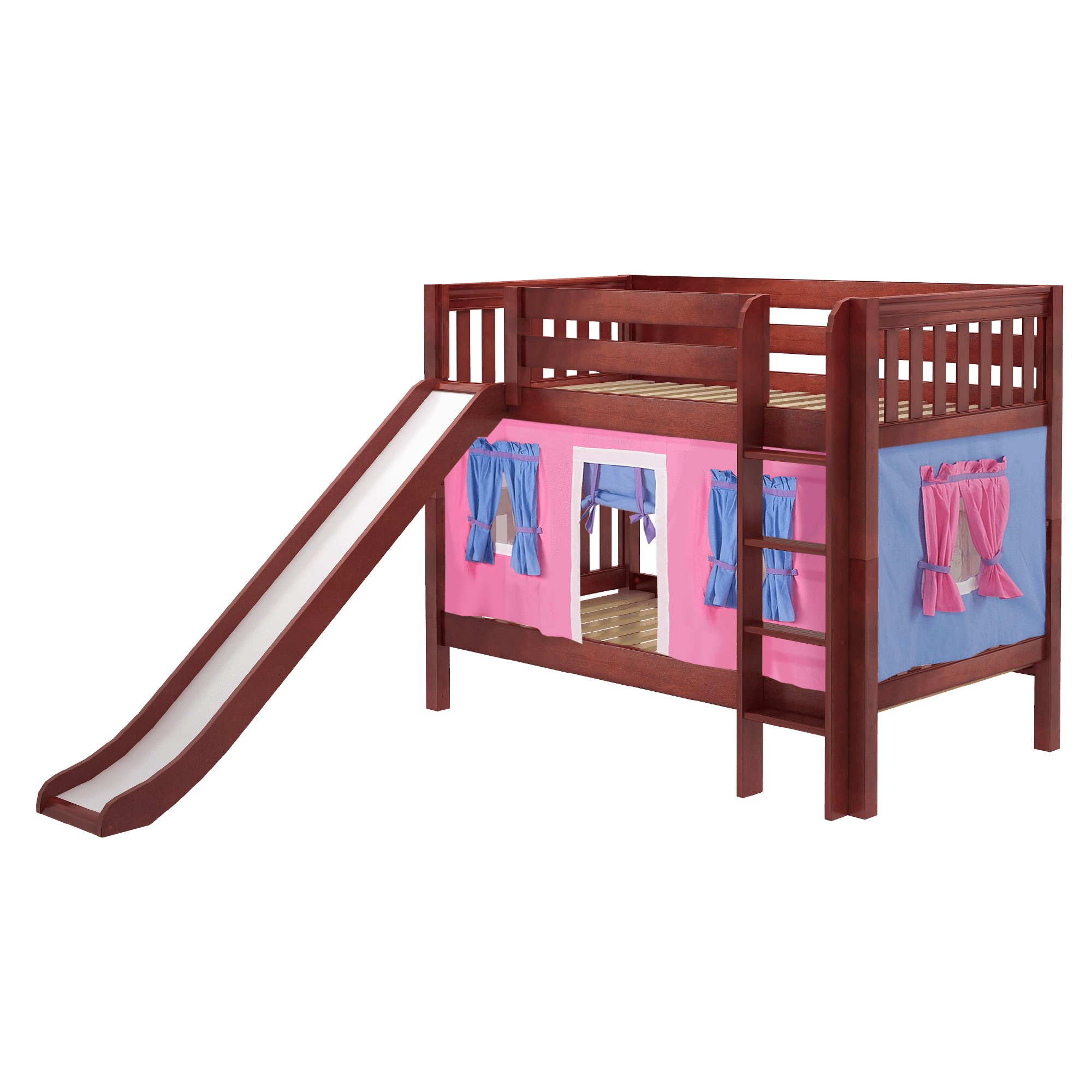 Maxtrix Twin Low Bunk Bed with Straight Ladder, Curtain + Slide