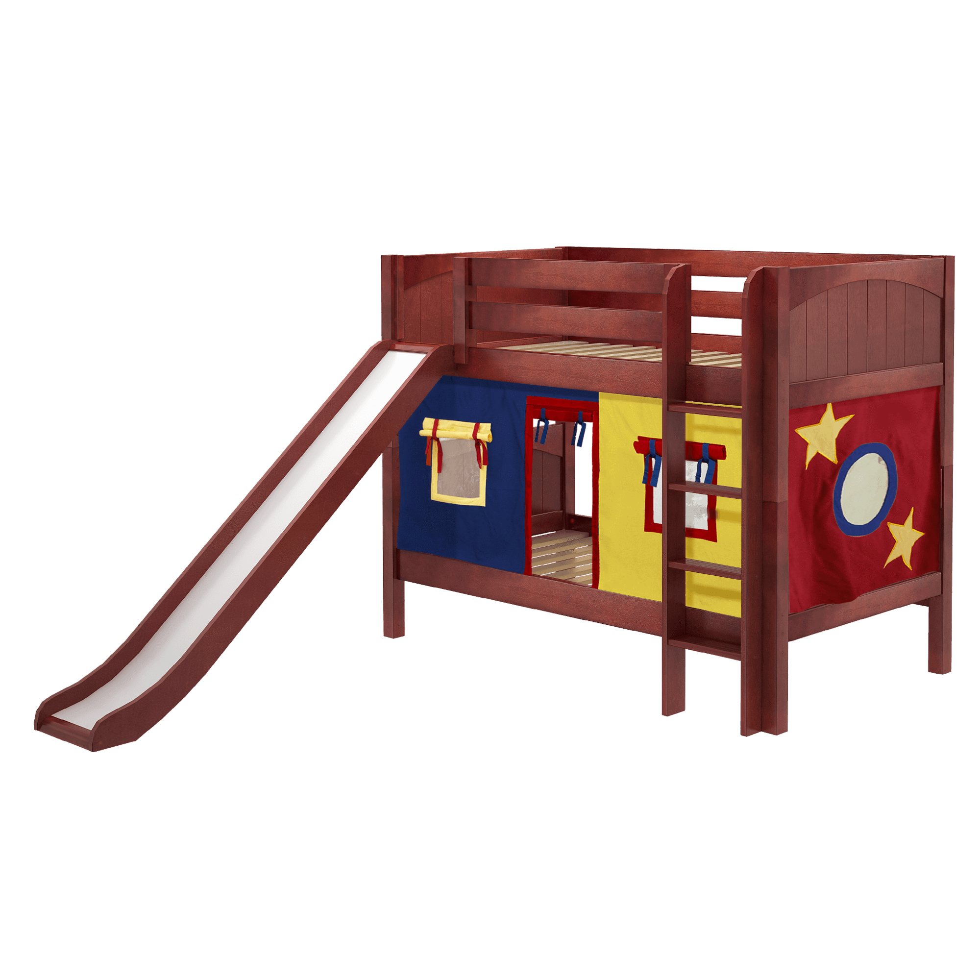 Maxtrix Twin Low Bunk Bed with Straight Ladder, Curtain + Slide