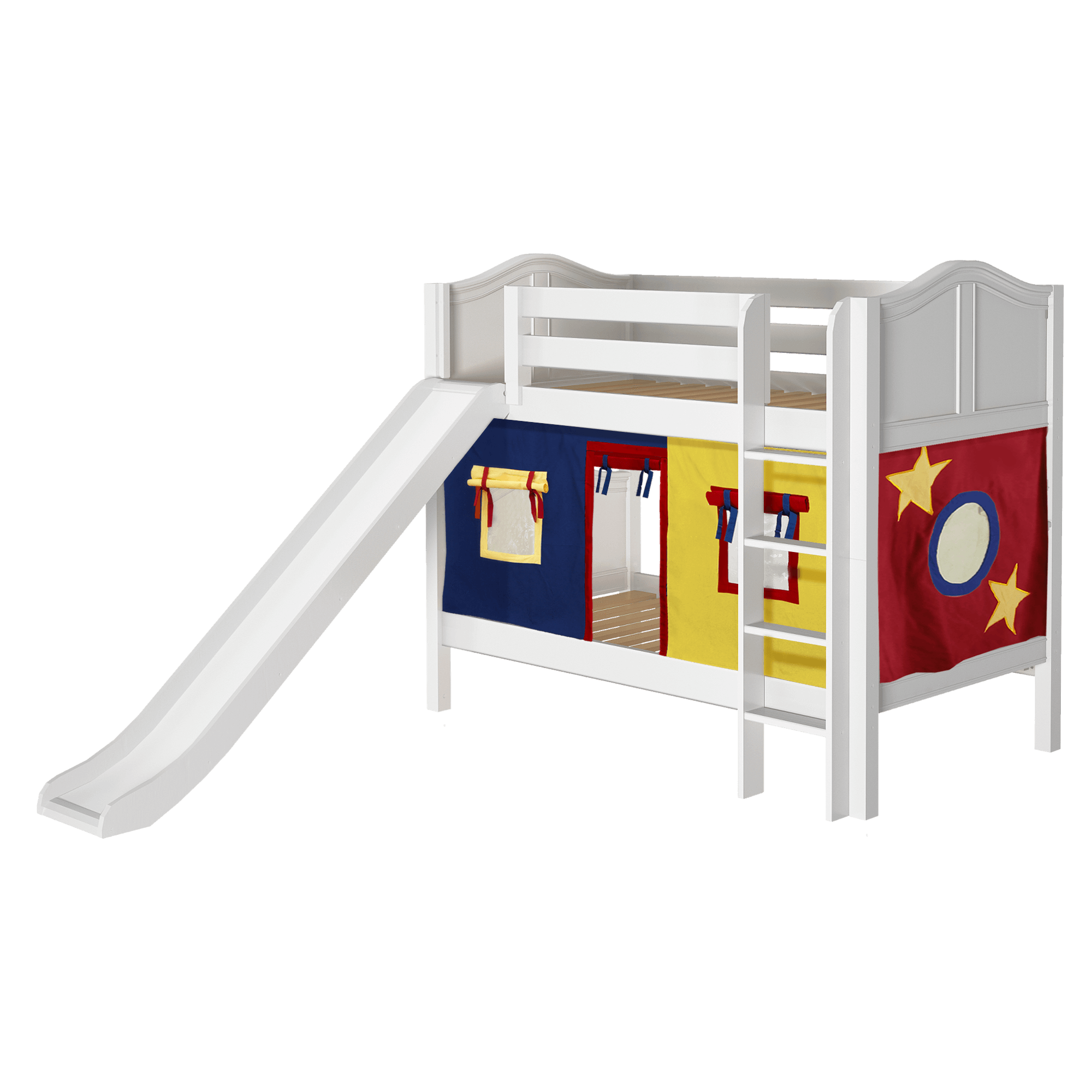 Maxtrix Twin Low Bunk Bed with Straight Ladder, Curtain + Slide