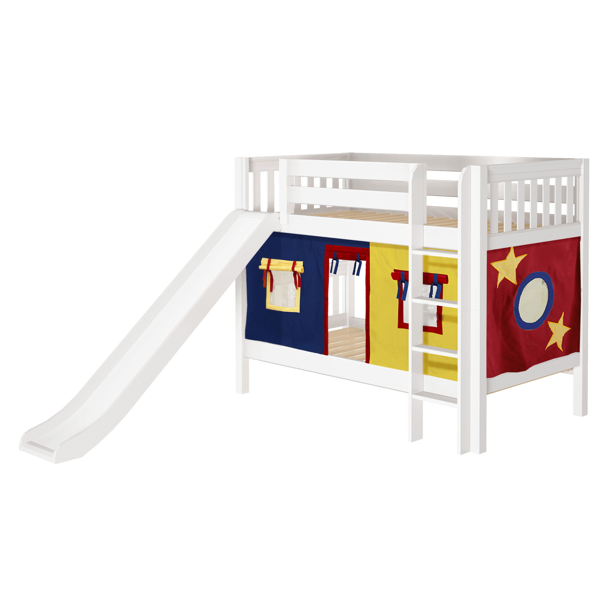 Maxtrix Twin Low Bunk Bed with Straight Ladder, Curtain + Slide