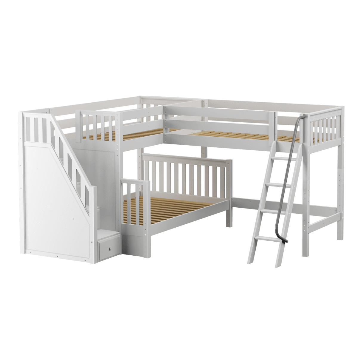 Maxtrix Medium Twin over Full Corner Loft Bunk Bed with Ladder + Stairs (Left)