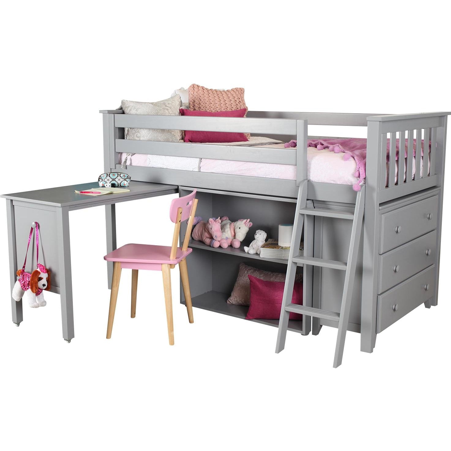 Jackpot Deluxe Windsor Twin Storage Loft Bed with Dresser + Bookcase + Desk