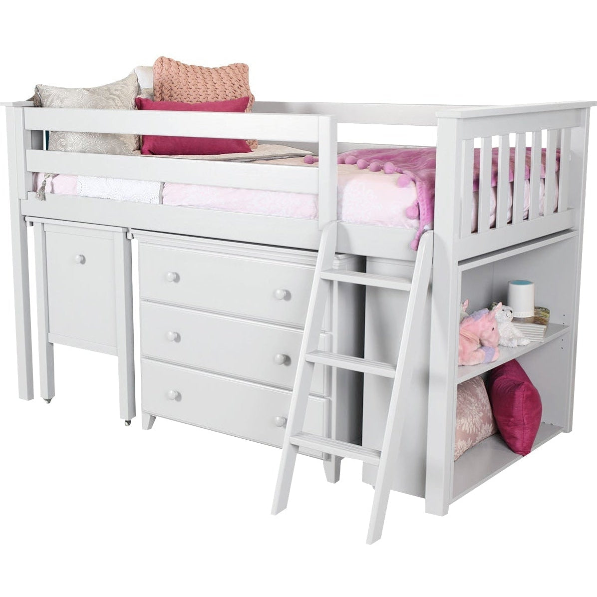 Jackpot Deluxe Windsor Twin Storage Loft Bed with Dresser + Bookcase + Desk