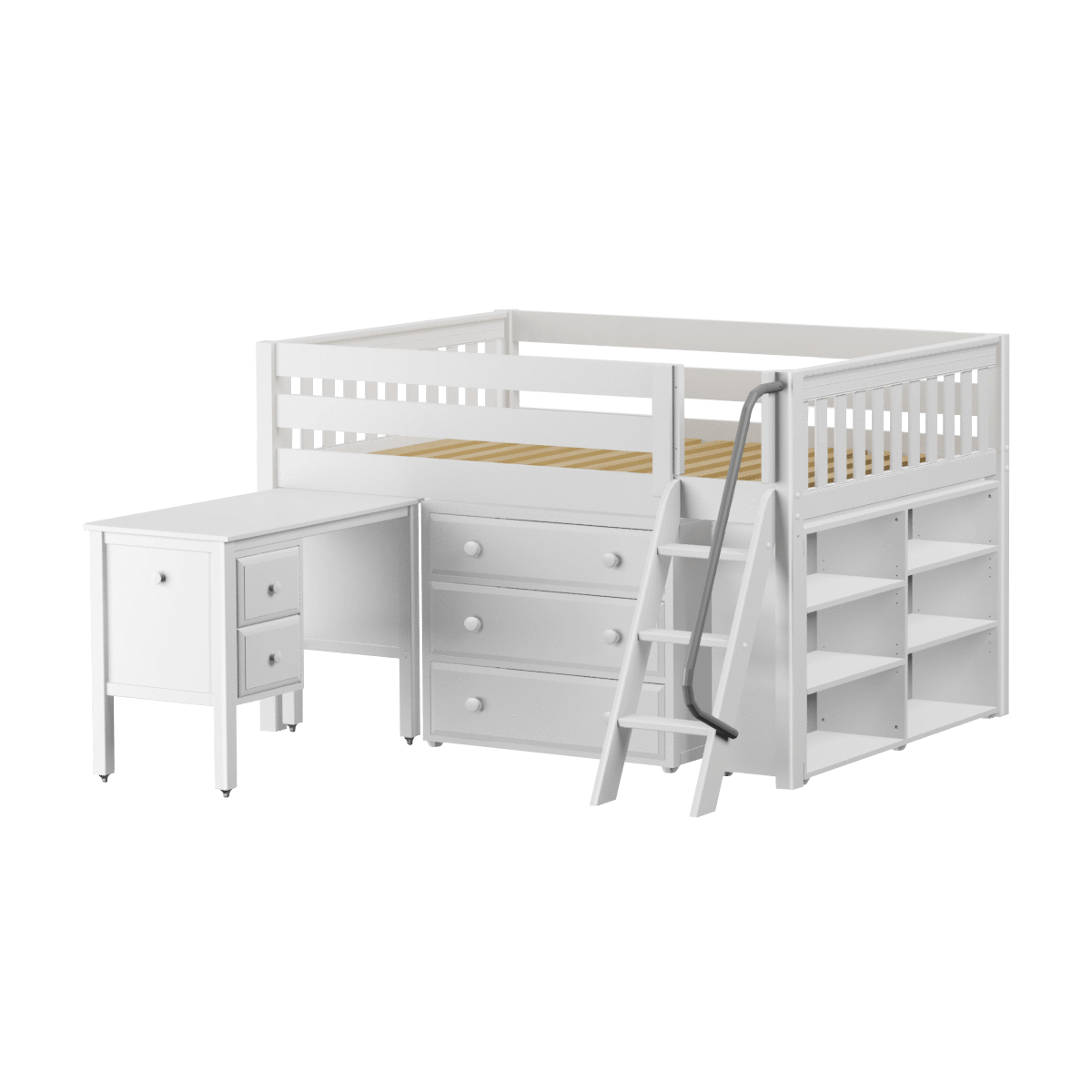 Maxtrix Full Low Loft Bed with Angled Ladder, Storage + Desk