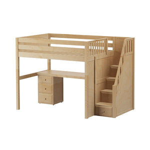 Maxtrix Full High Loft Bed with Stairs with Long Desk
